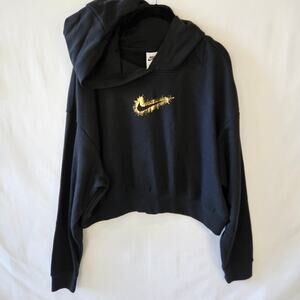 Nike Women's Crop Pullover Black Gold Hoodie DQ6776-010 Large